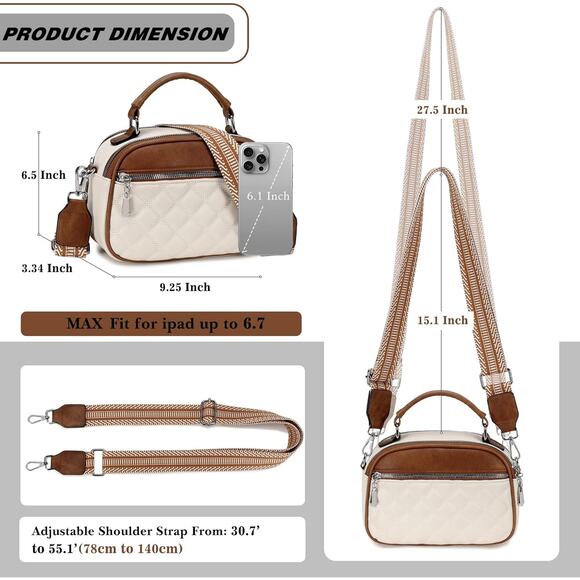 Quilted Cream & Brown Crossbody Bag | Top Handle Purse w/ Boho Strap - Picture 2 of 5